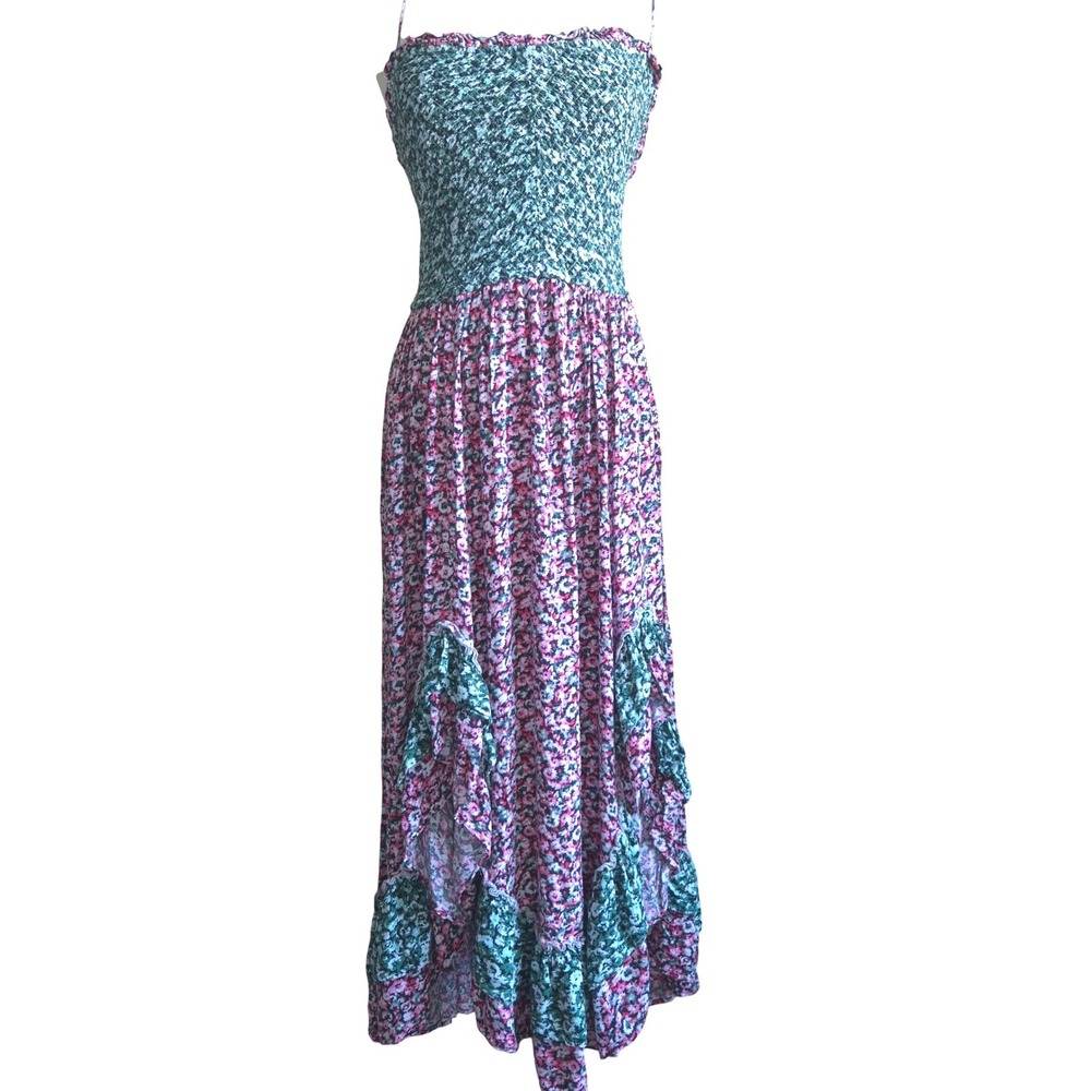 Free People Maxi Dress Womens L Pink Green Excellent Floral Ruffle Lace Up Back